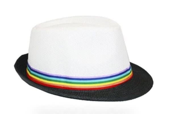 RAINBOW FABRIC STRIP WHITE STRAW WITH BLACK BRIM FEDORA