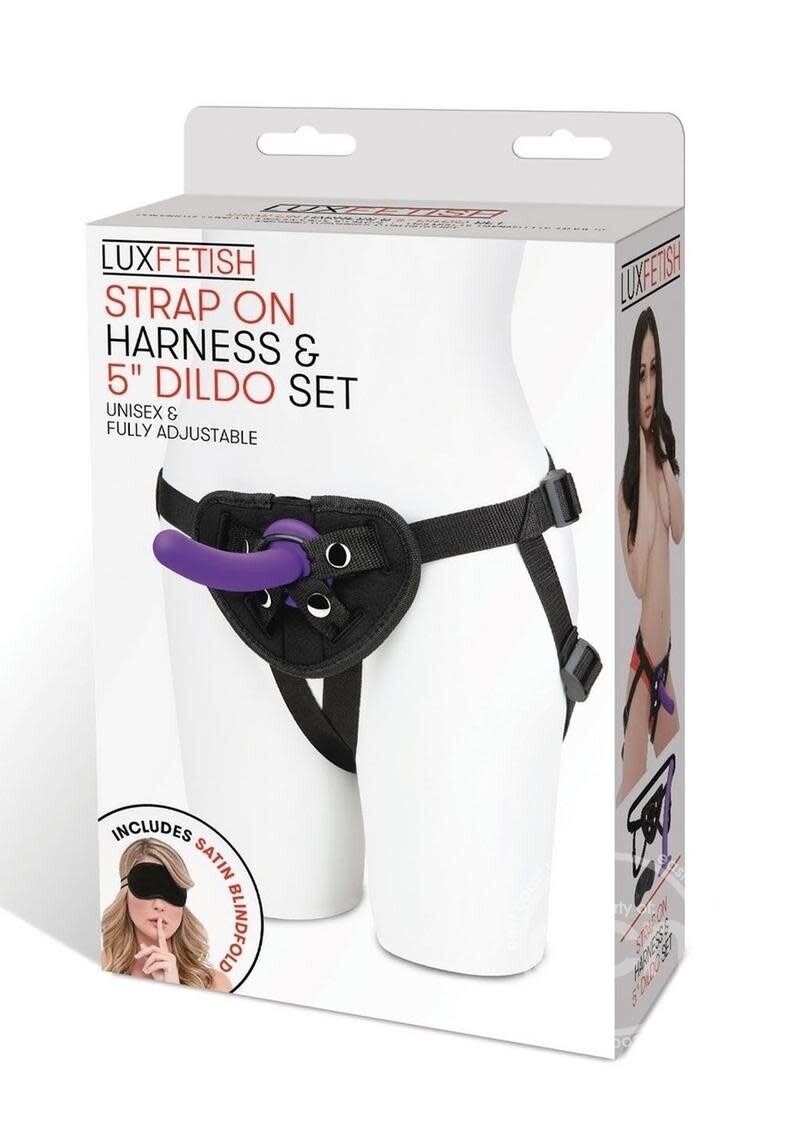 LUX STRAP ON HARNESS & 5" DILDO SET BLACK/PURPLE