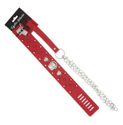 RED PVC COLLAR WITH SPIKE RIVETS, LOCK & LEASH