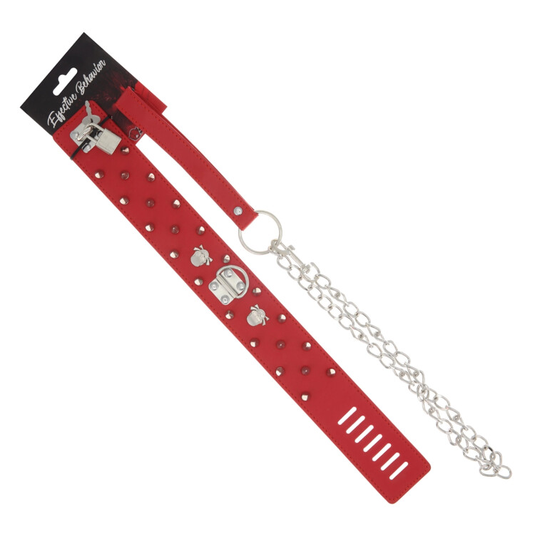 RED PVC COLLAR  WITH SPIKE RIVETS, LOCK & LEASH