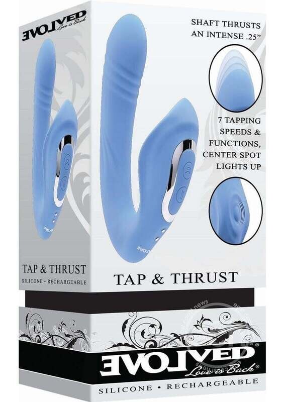 EVOLVED TAP & THRUST RECHARGEABLE SILICONE VIBRATOR WITH CLITORAL STIMULATION BLUE