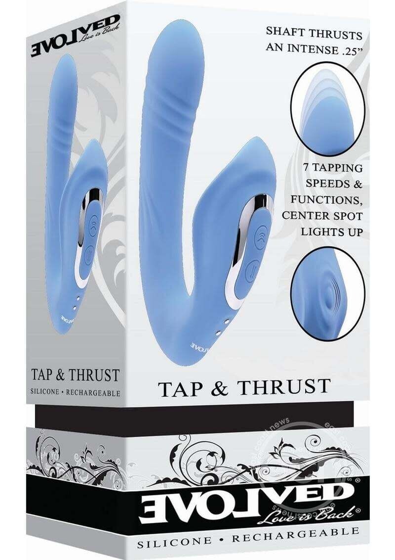 EVOLVED TAP & THRUST RECHARGEABLE SILICONE VIBRATOR WITH CLITORAL STIMULATION BLUE