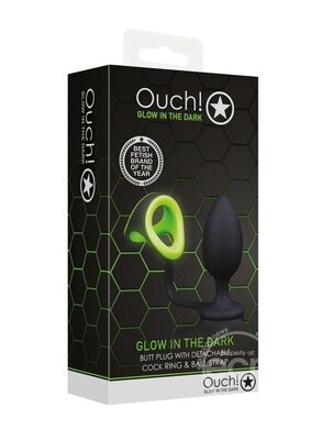 OUCH! BUTT PLUG WITH COCK RING & BALL STRAP SILICONE GLOW IN THE DARK