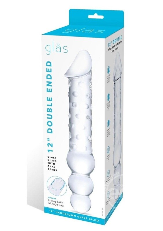 GLAS DOUBLE ENDED CLEAR DILDO WITH ANAL BEADS 12"