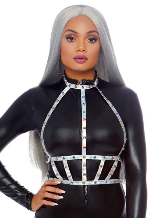 IRIDESCENT STUDDED VINYL BODY HARNESS ONE SIZE IRIDESCENT STUDDED VINYL BODY HARNESS ONE SIZE