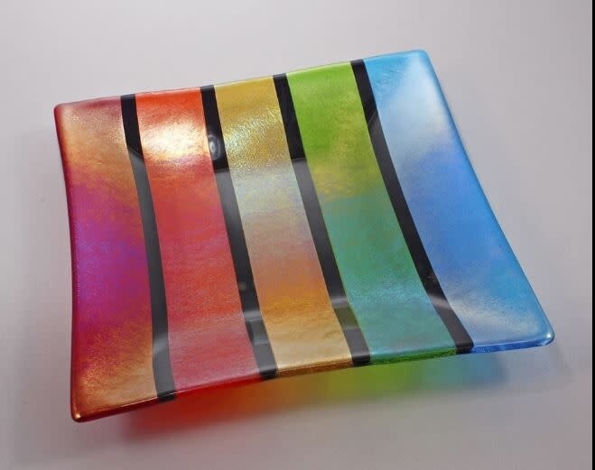 PAULSON GLASS 11.5" SQUARE TRAY RAINBOW & BLACK STRIPED
