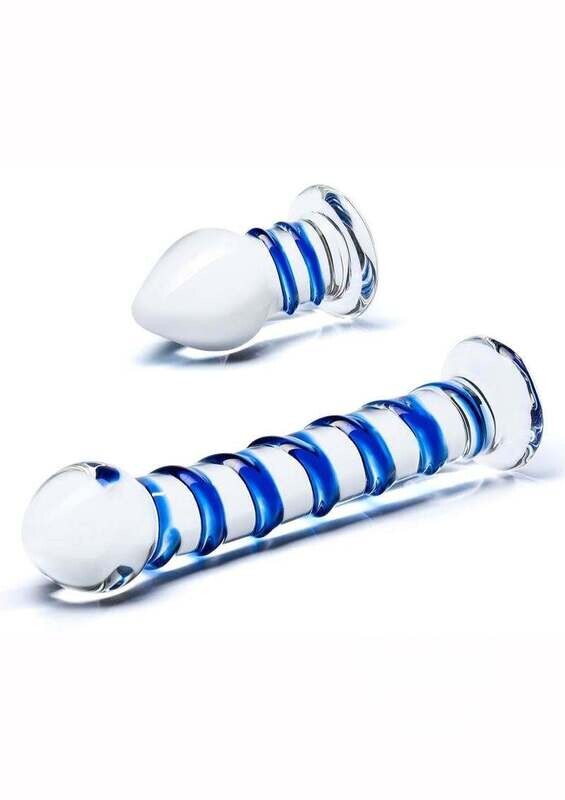 GLAS SWIRLY DILDO & PLUG SET CLEAR/BLUE