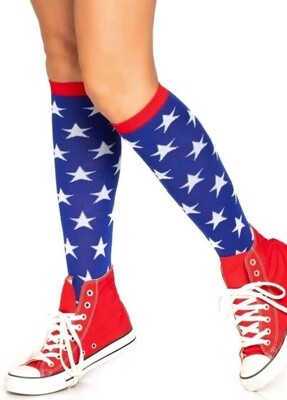 STAR PRINT KNEE HIGH SOCKS BLUE WITH RED TRIM ONE SIZE