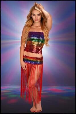RAINBOW STRETCHY SEQUIN BELT WITH FRINGES