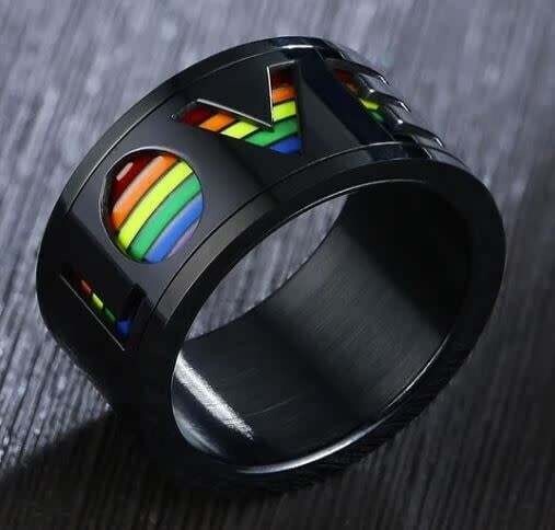 STAINLESS 'LOVE' CUT OUT WITH RAINBOW STRIPE RING, Color: BLACK, Size: 7