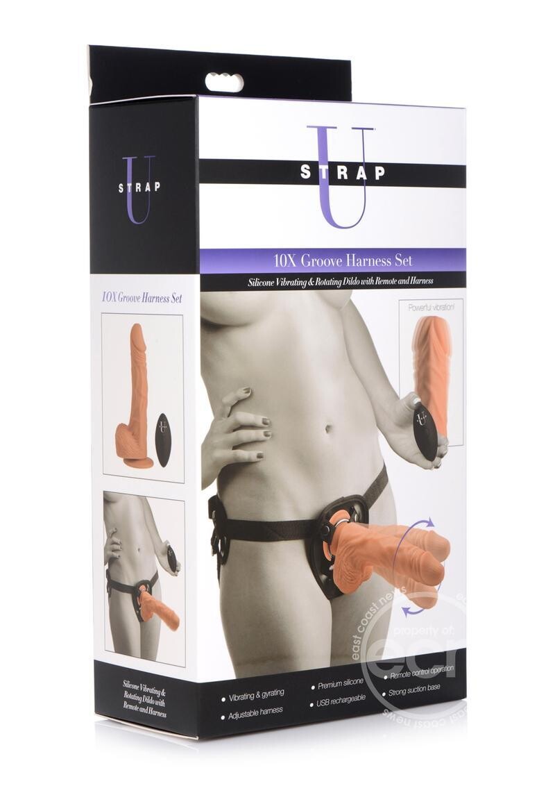 STRAP U GROOVE HARNESS SET SILICONE VIBRATING & ROTATING WITH REMOTE