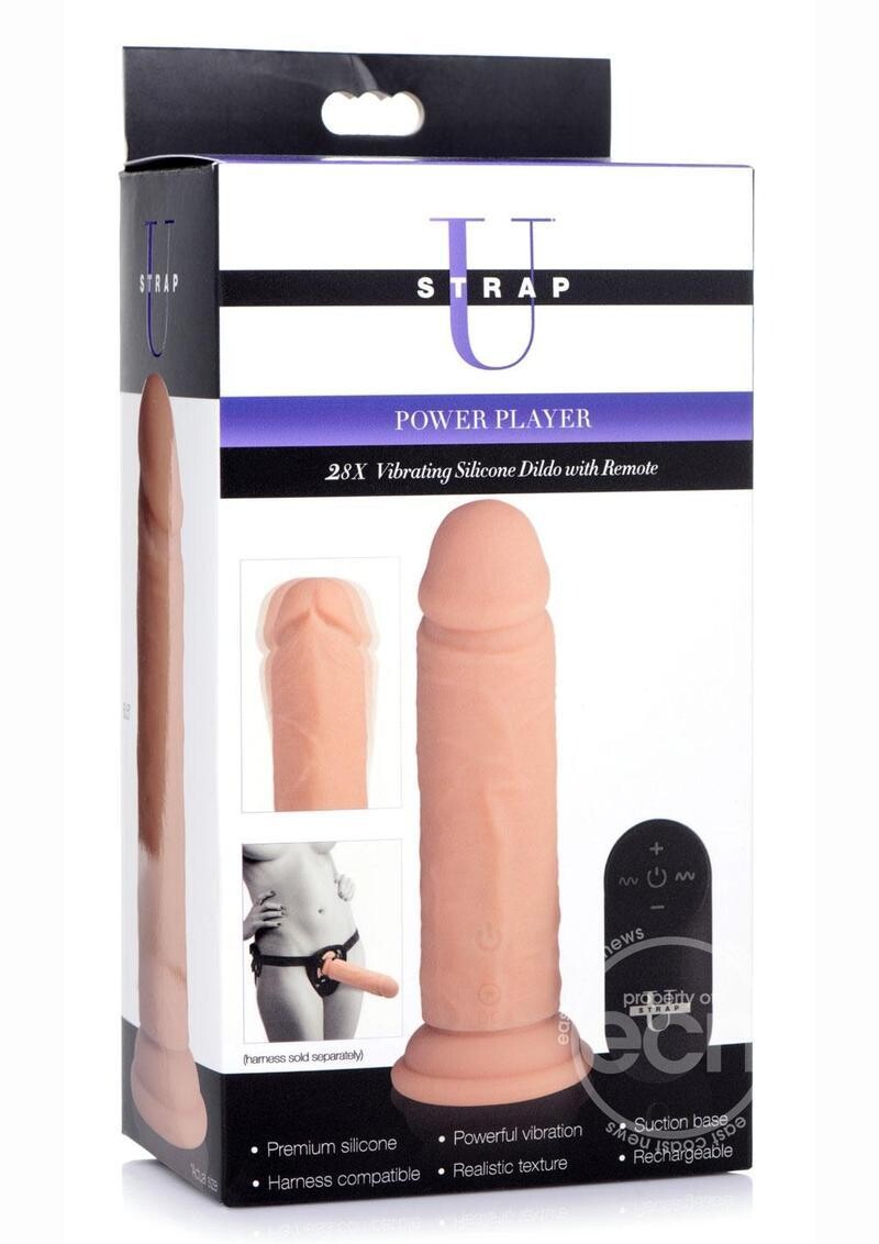 STRAP U POWER PLAYER 28X VIBRATING SILICONE RECHARGEABLE DILDO 6.5" WITH REMOTE VANILLA
