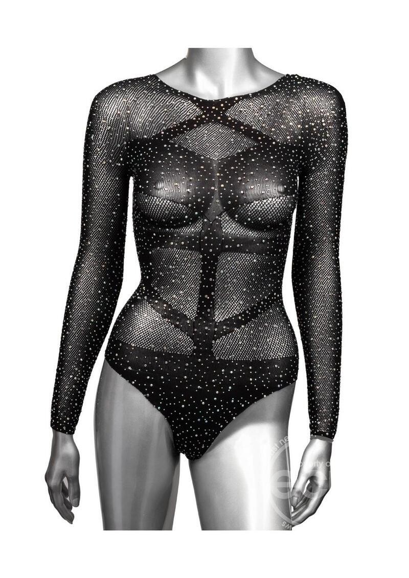 RADIANCE LONG SLEEVE BODY SUIT WITH RHINESTONES BLACK PLUS SIZE