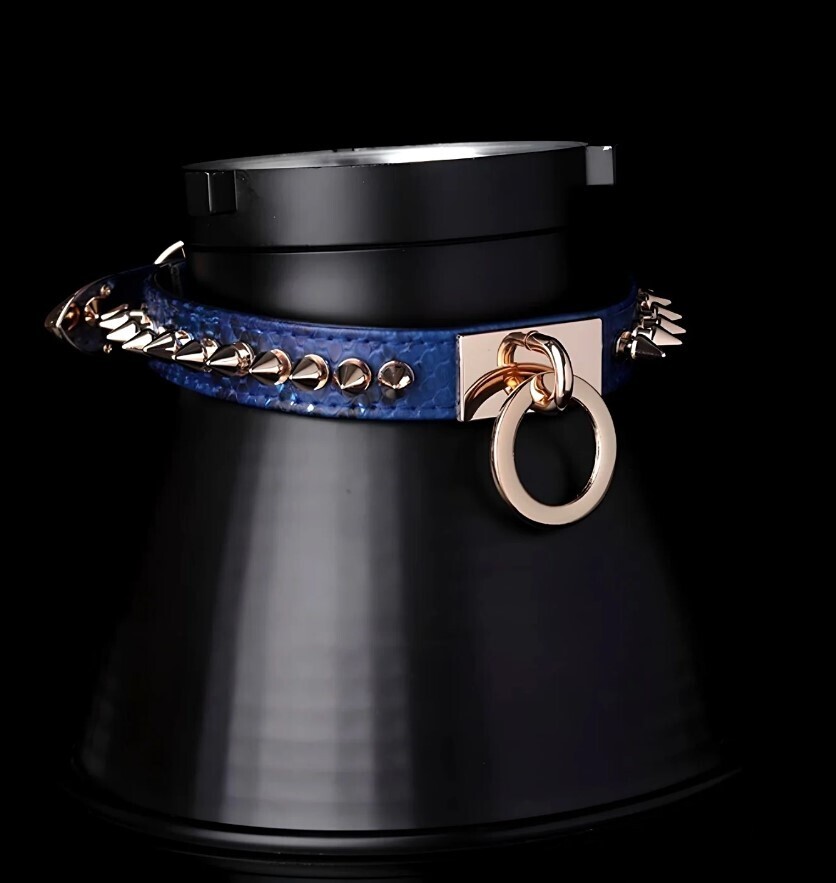 EXOTIC BLUE LIZZARDS PRINT COLLAR WITH GOLDEN HARDWARE, Size: S/M