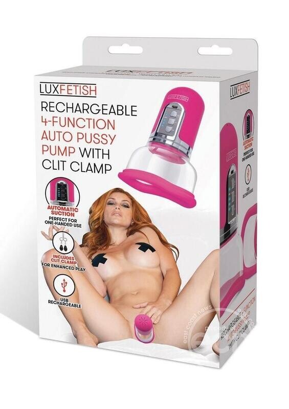 LUX FETISH RECHARGEABLE 4 FUNCTION AUTO PUSSY PUMP WITH CLIT STIMULATOR PINK