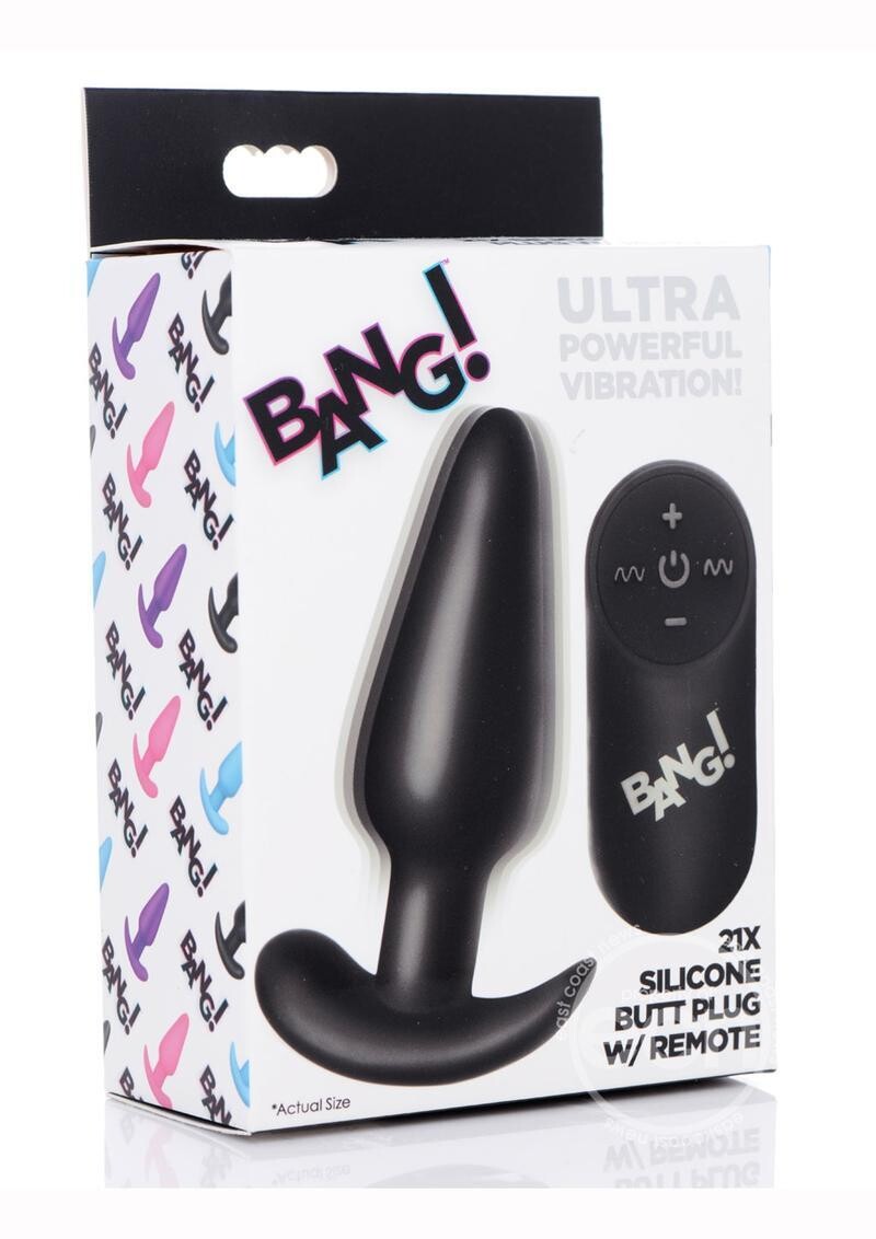 BANG! 21X VIBRATING SILICONE BUTT PLUG WITH REMOTE, Color: BLACK