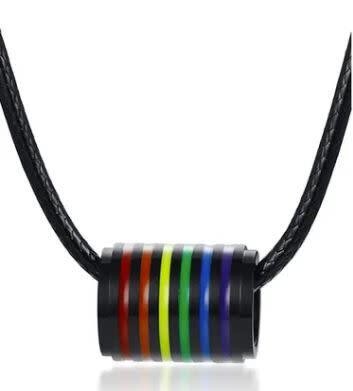 BLACK STAINLESS STEEL MATTE FINISH RAINBOW STRIPED TUBE PENDANT NECKLACE