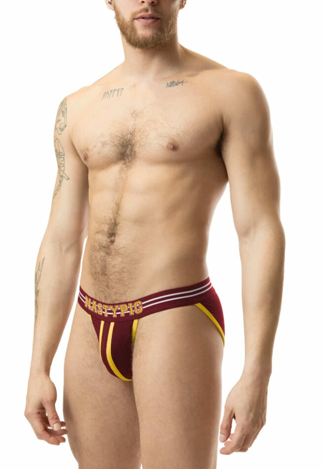 NASTY PIG VARSITY SPORT BRIEF BURGUNDY & GOLDENROD, Size: SMALL