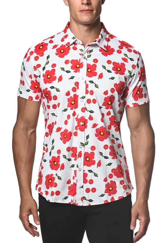 ST33LE WHITE & POPPY CHERRIES STRETCH JERSEY KNIT SHORT SLEEVE SHIRT
