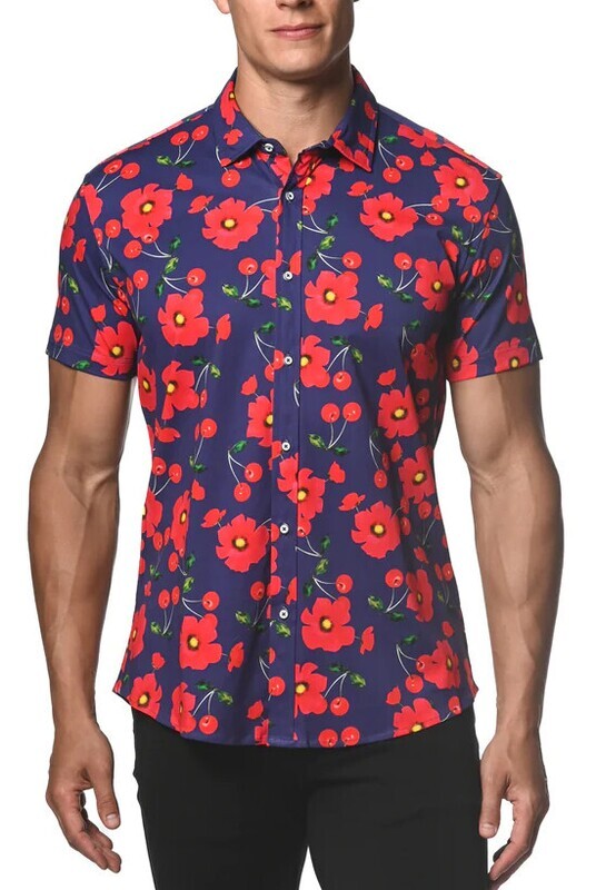 ST33LE NAVY & POPPY CHERRIES STRETCH JERSEY KNIT SHORT SLEEVE SHIRT