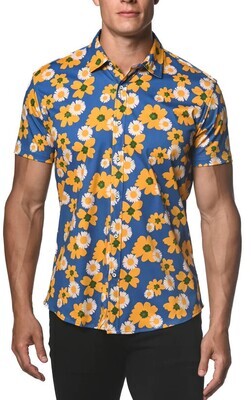 ST33LE ROYAL & YELLOW FLORAL STRETCH JERSEY KNIT SHORT SLEEVE SHIRT