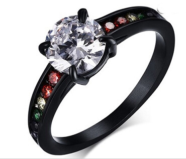 BLACK STAINLESS RAINBOW STONES WITH CENTER CZ RING, Size: 5
