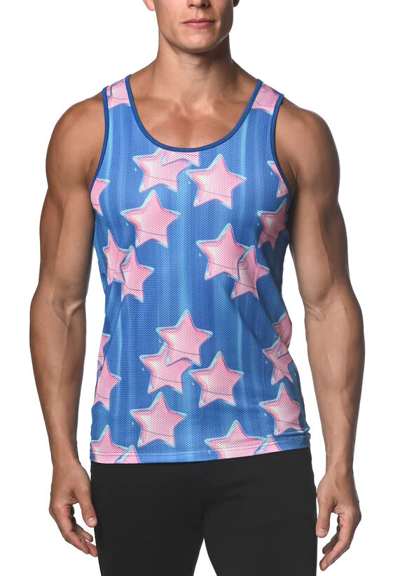 ST33LE SAPPHIRE & PINK STARS PRINTED MESH TANK TOP, Size: SMALL