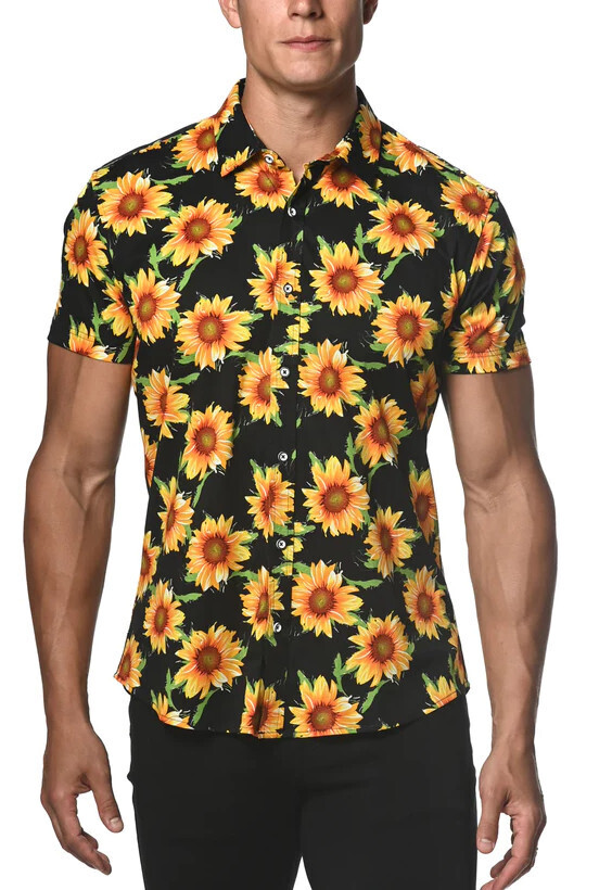 ST33LE YELLOW & BLACK SUNFLOWERS STRETCH JERSEY KNIT SHORT SLEEVE SHIRT, Size: SMALL