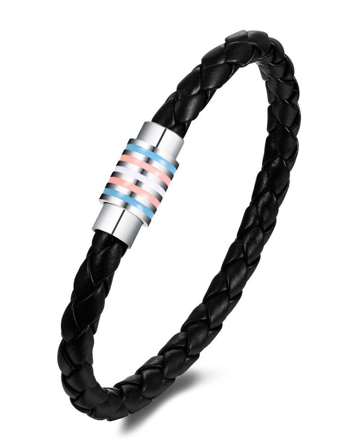 BRAIDED LEATHER BRACELET WITH MAGNETIC CLOSURE, 1st Selection: BLACK, 2nd Selection: TRANS