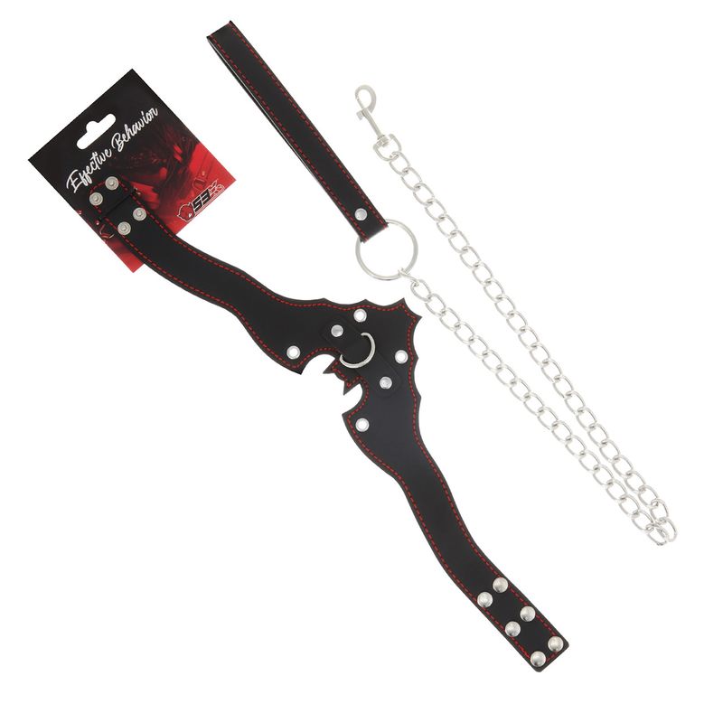 EFFECTIVE BEHAVIOR BLACK WITH RED STITCHING BAT COLLAR WITH LEASH