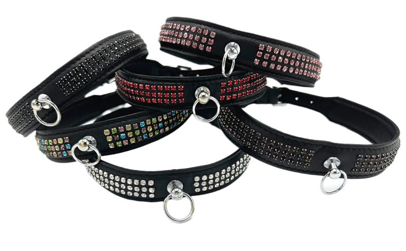 BLACK LEATHER 3 ROW MINI RHINESTONE COLLAR