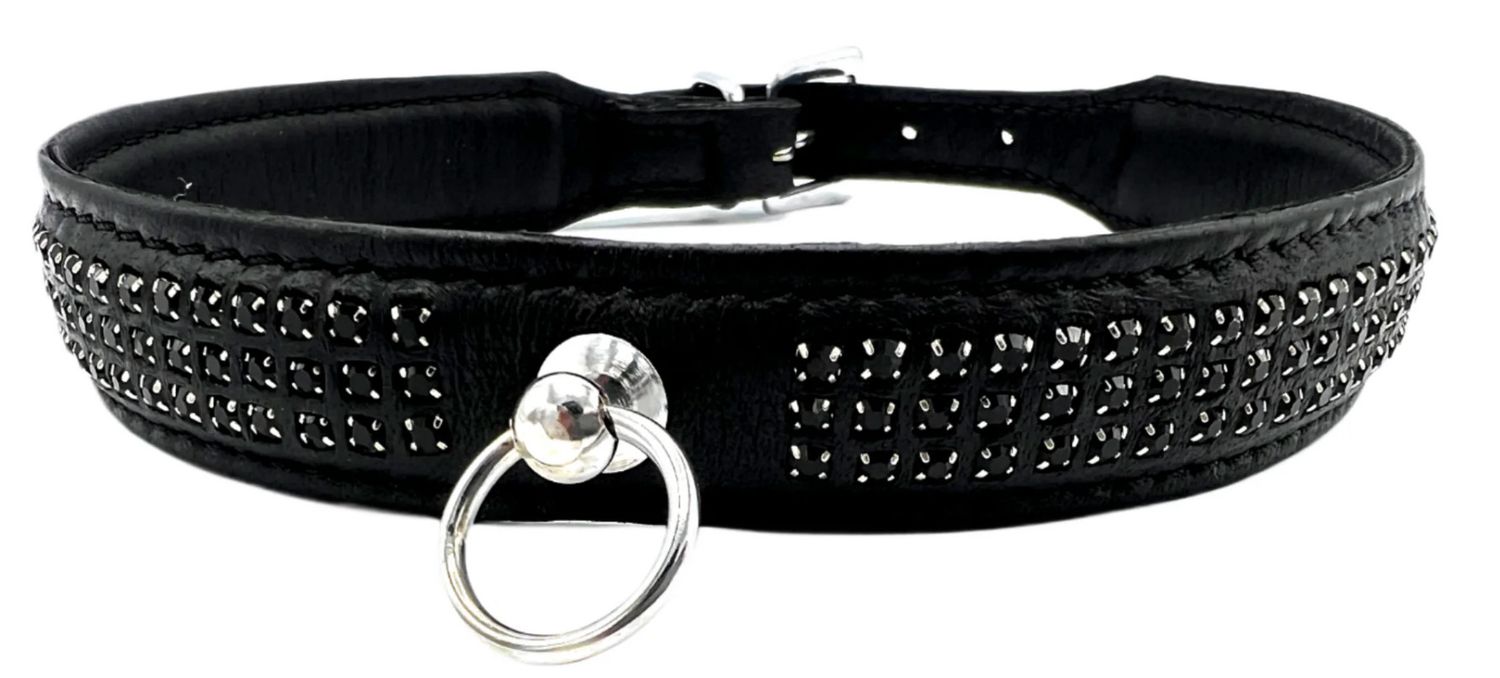 BLACK LEATHER 3 ROW MINI RHINESTONE COLLAR, Color: BLACK, Size: S/M