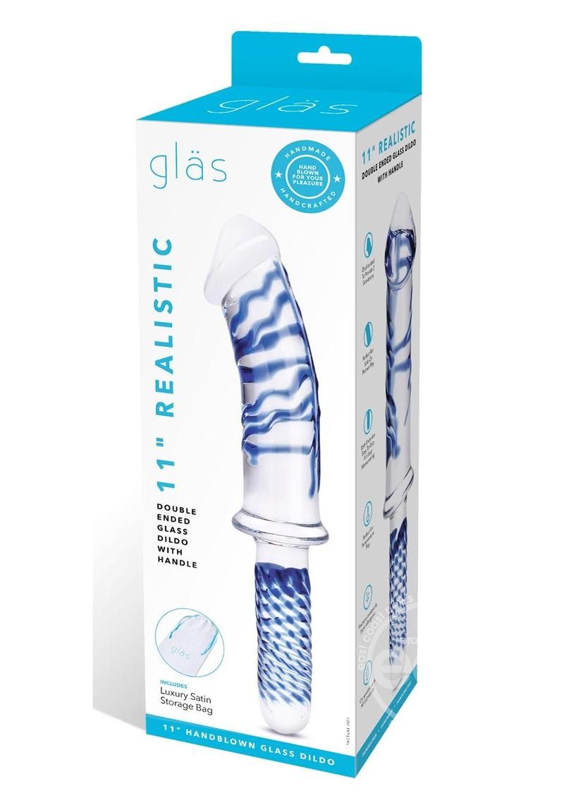 GLAS REALISTIC DOUBLE ENDED GLASS DILDO WITH HANDLE 11" CLEAR & BLUE