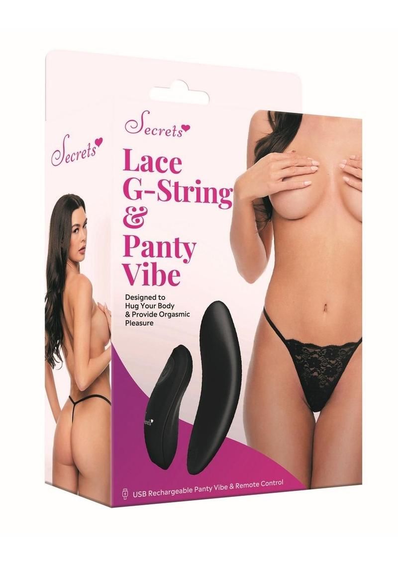 SECRETS RECHARGEABLE SILICONE LACE G-STRING AND PANTY VIBE BLACK, Size: ONE SIZE