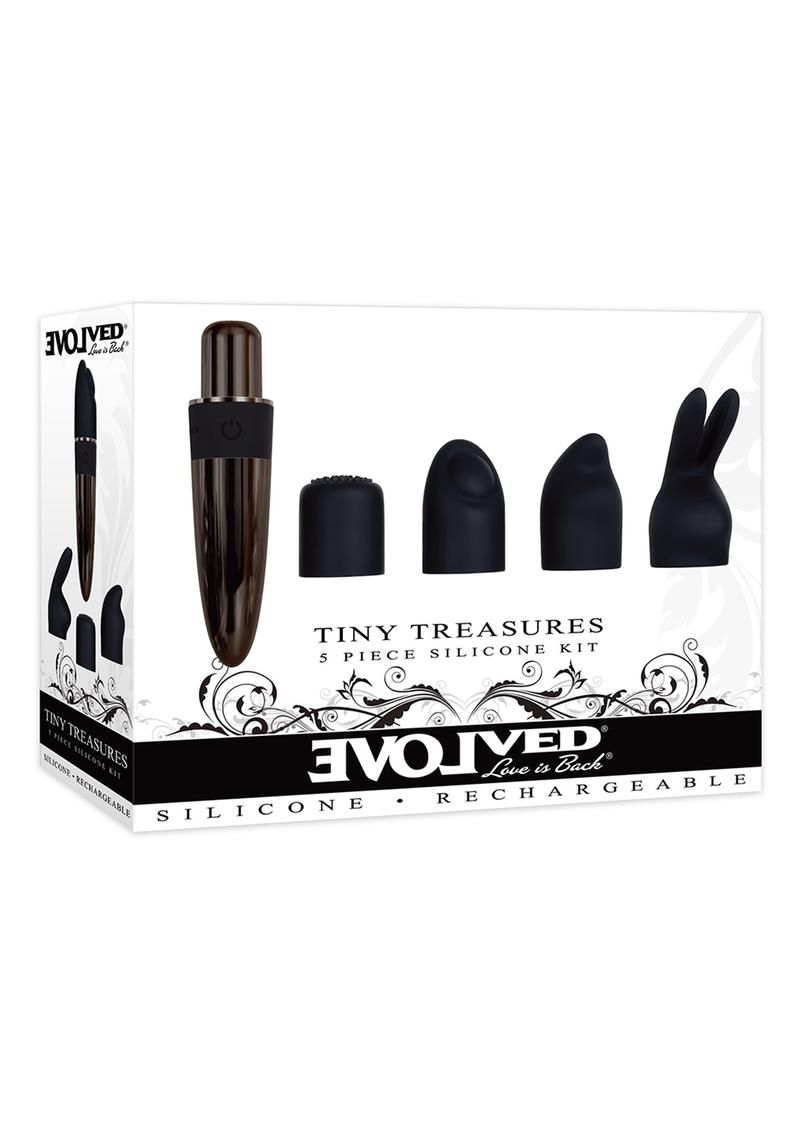 EVOLVED TINY TREASURES BLACK SILICONE RECHARGEABLE VIBRATOR WITH ATTACHMENTS