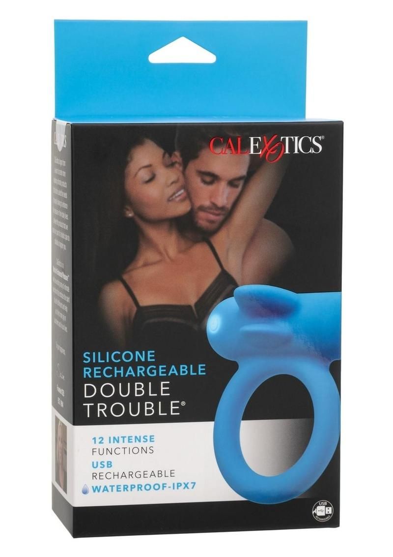 SILICONE RECHARGEABLE DOUBLE TROUBLE BLUE COCK RING