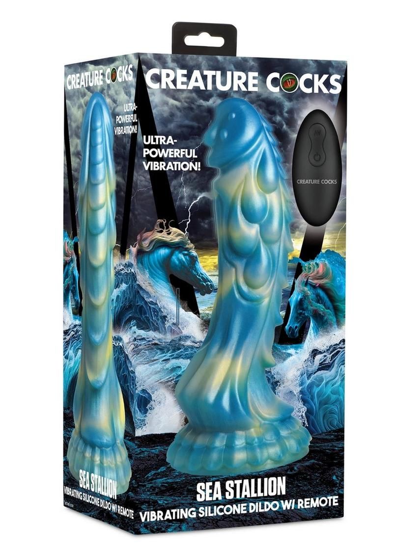 CREATURE COCKS SEA STALLION VIBRATING DILDO WITH REMOTE BLUE & YELLOW