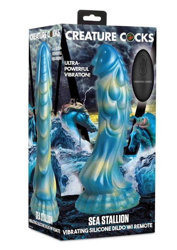 CREATURE COCKS SEA STALLION VIBRATING DILDO WITH REMOTE BLUE & YELLOW