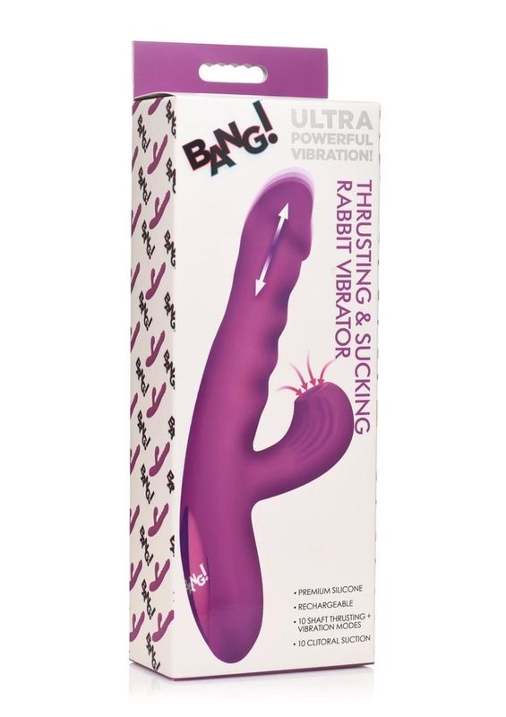 BANG! THRUSTING & SUCKING RECHARGEABLE SILICONE RABBIT VIBRATOR PURPLE