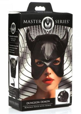 MASTER SERIES DUNGEON DEMON BONDAGE HOOD WITH HORNS BLACK