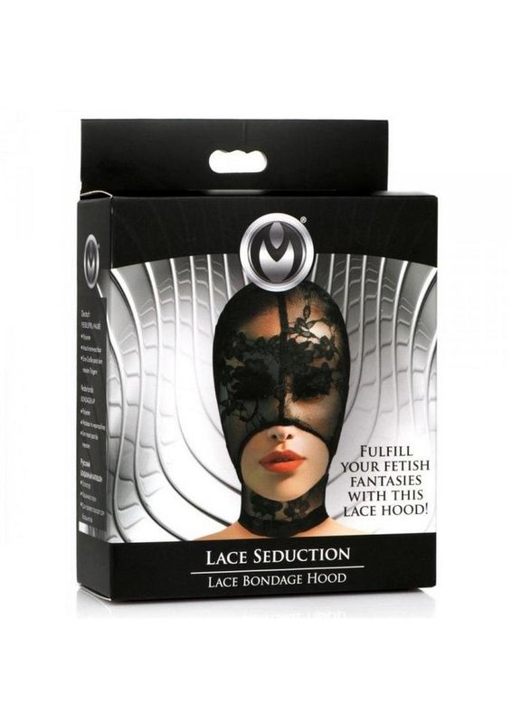 MASTER SERIES LACE SEDUCTION BONDAGE HOOD BLACK