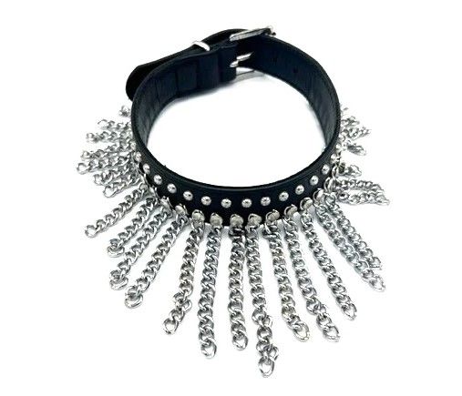 BLACK LEATHER COLLAR WITH WATERFALL CHAINS, Size: S/M