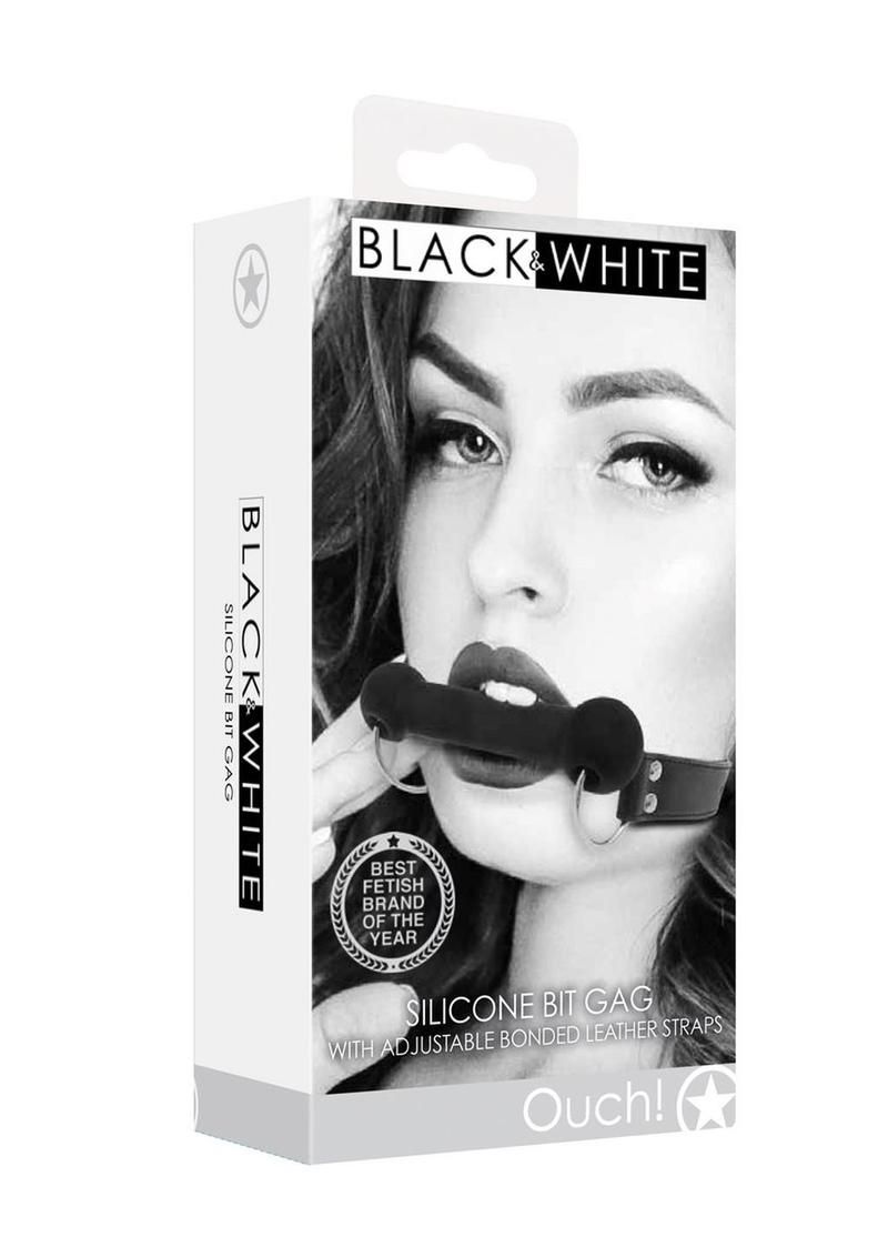 OUCH SILICONE BIT GAG BLACK WITH ADJUSTABLE BONDED LEATHER STRAPS