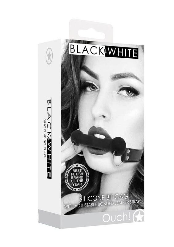 OUCH SILICONE BIT GAG BLACK WITH ADJUSTABLE BONDED LEATHER STRAPS