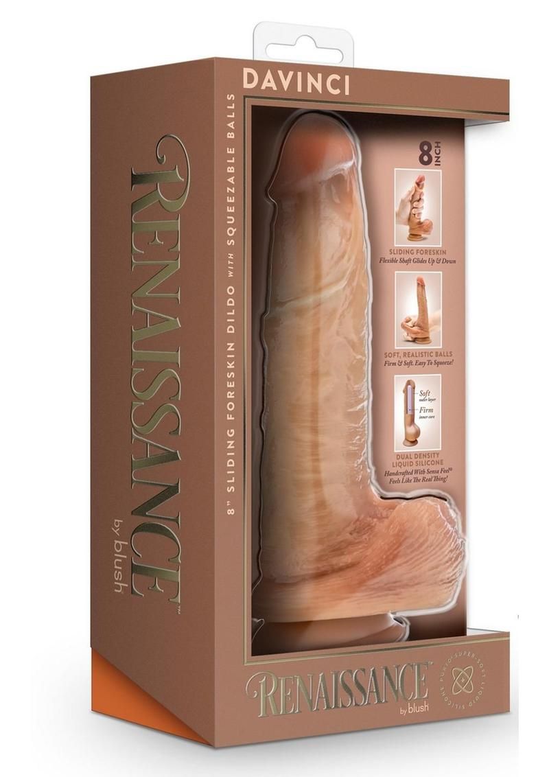 RENAISSANCE DAVINCI SILICONE SLIDING FORESKIN DILDO 8" CARAMEL