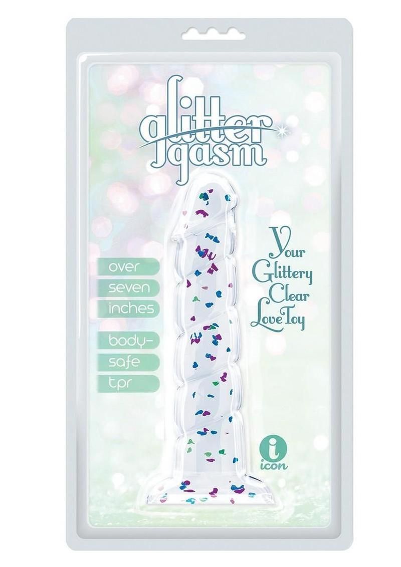 GLITTERGASM SWIRL CLEAR DILDO 7.5" WITH BLUE/PURPLE/VIOLET GLITTER