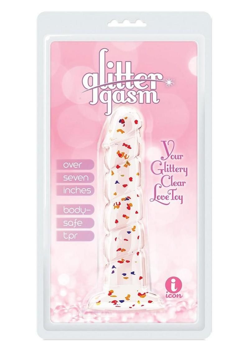 GLITTERGASM SWIRL CLEAR DILDO 7.5" WITH ORANGE/RED/GOLDEN GLITTER
