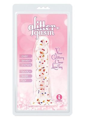 GLITTERGASM SWIRL CLEAR DILDO 7.5" WITH ORANGE/RED/GOLDEN GLITTER