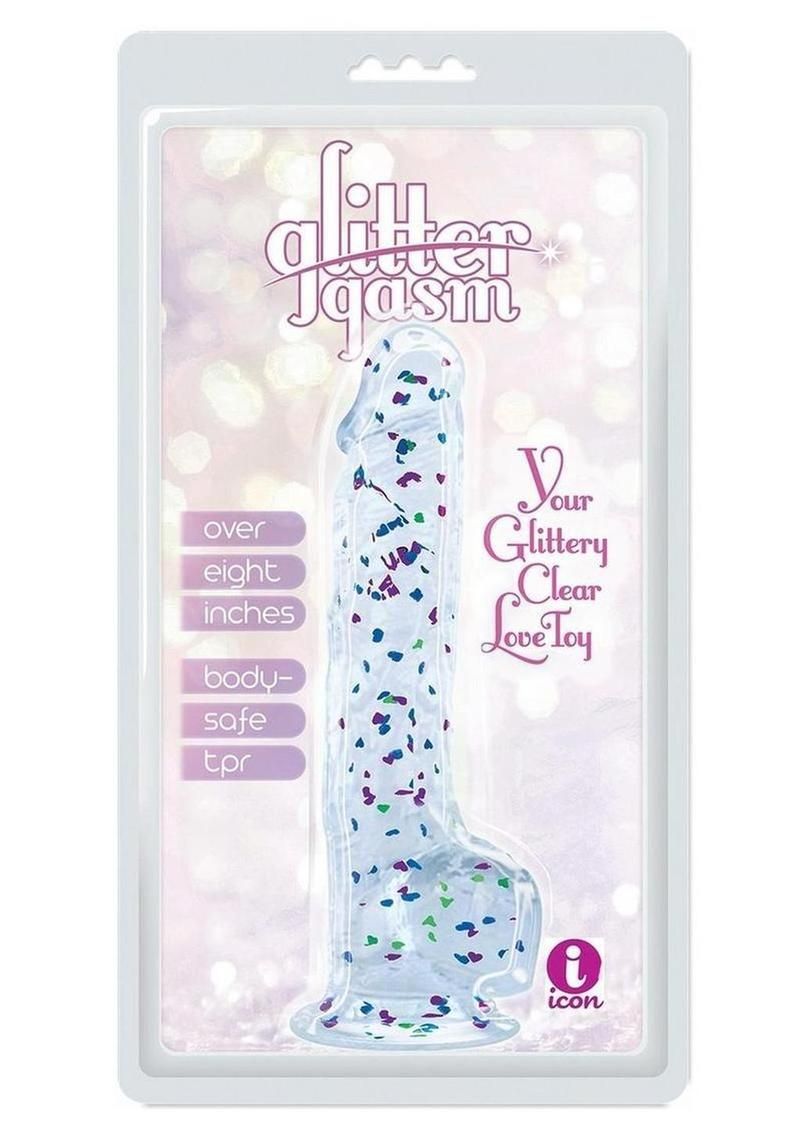 GLITTERGASM REALISTIC CLEAR DILDO WITH BALLS 8.5" WITH BLUE/PURPLE/VIOLET GLITTER