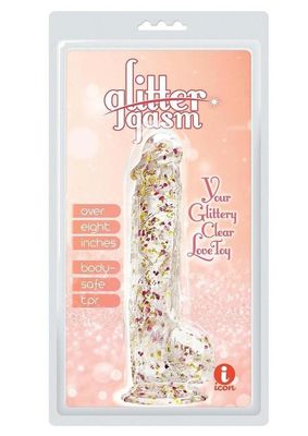 GLITTERGASM REALISTIC CLEAR DILDO WITH BALLS 8.5" WITH RED/ORANGE/GOLDEN GLITTER